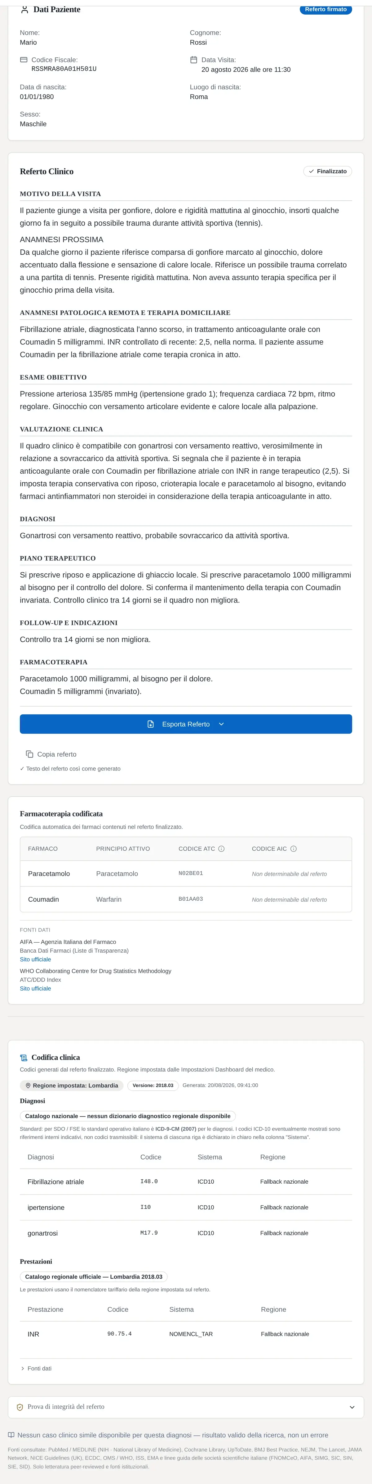 Schermata di Refertius con un referto firmato: dati paziente, anamnesi, esame obiettivo, diagnosi, farmacoterapia codificata ATC, codifica clinica ICD-10 e nomenclatore regionale, prova di integrità.